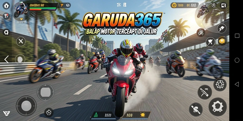 Screenshot gameplay GARUDA365 menunjukkan aksi balap motor yang menegangkan.