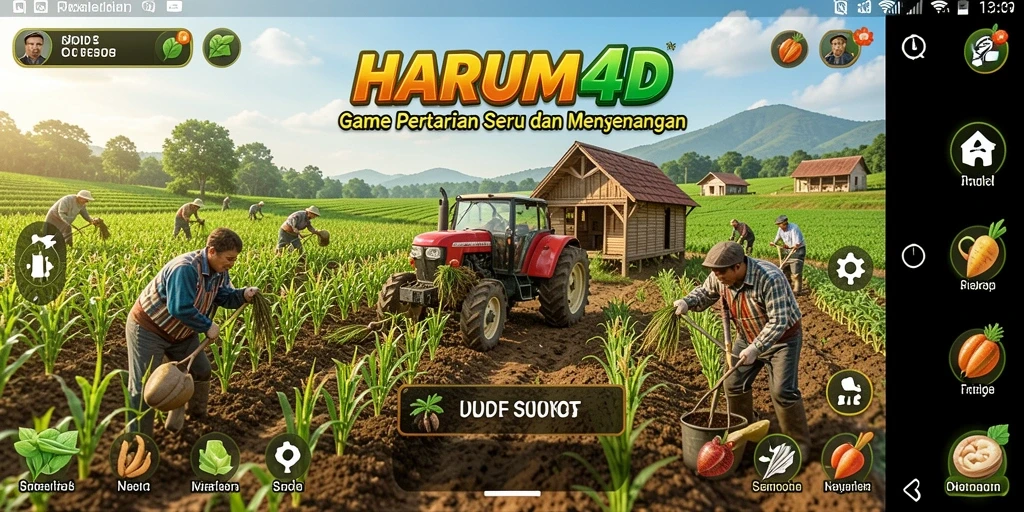 Screenshot gameplay HARUM4D menunjukkan kebun yang indah dan tanaman yang subur.