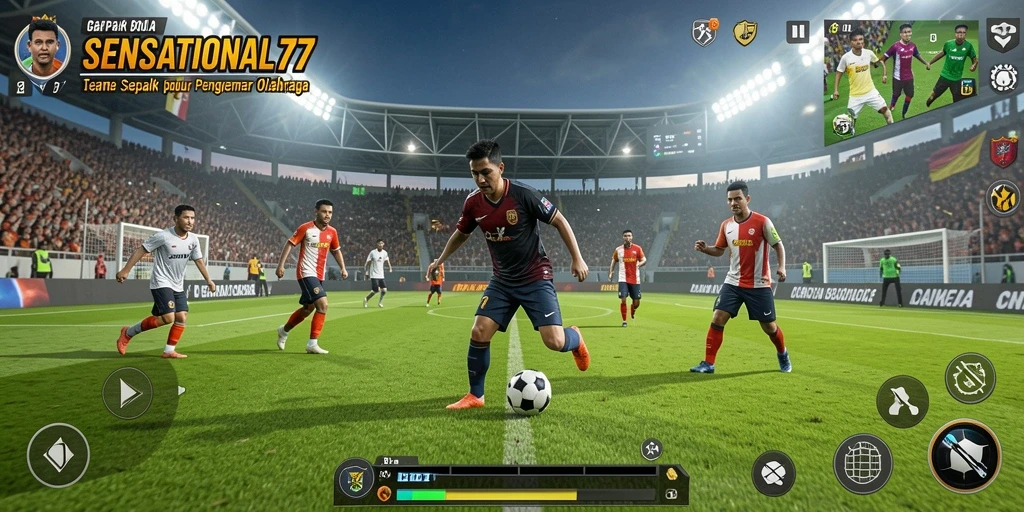 Screenshot gameplay <strong>SENSATIONAL77</strong> yang menunjukkan aksi di lapangan sepak bola.